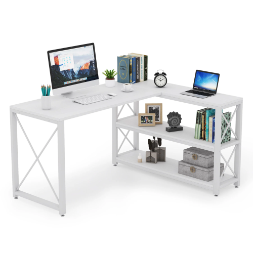 Компьютерный стол с полками Tribesigns, L-образный угловой, Цвет: белый фото 9