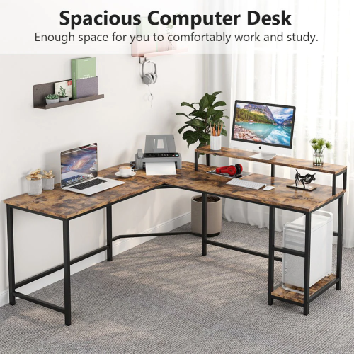 Компьютерный стол с полками Tribesigns,L-образный угловой, Цвет: Деревенский коричневый, черный фото 6