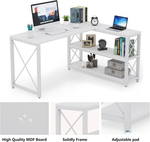 Компьютерный стол с полками Tribesigns, L-образный угловой, Цвет: белый фото 8