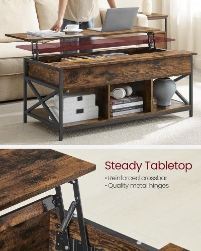 Журнальный столик трансформер VASAGLE LCT205B01V1 с регулируемой высотой,кофейный стол, открытое и скрытое хранение фото 6