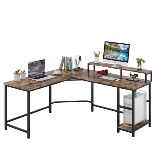 Компьютерный стол с полками Tribesigns,L-образный угловой, Цвет: Деревенский коричневый, черный фото 2
