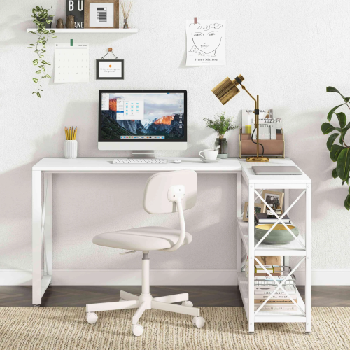 Компьютерный стол с полками Tribesigns, L-образный угловой, Цвет: белый фото 2