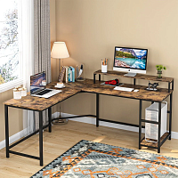 Компьютерный стол с полками Tribesigns,L-образный угловой, Цвет: Деревенский коричневый, черный
