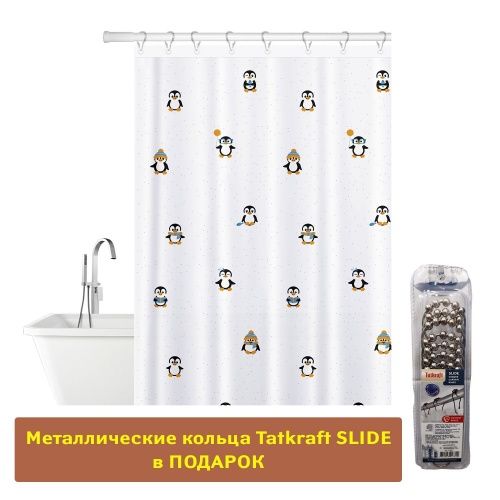 Штора для ванной Tatkraft Funny Penguins, текстильная, размер 180х180 см в комплекте с 12 кольцами