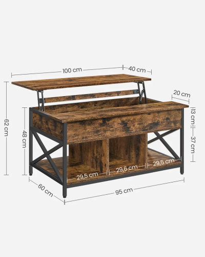 Журнальный столик трансформер VASAGLE LCT205B01V1 с регулируемой высотой,кофейный стол, открытое и скрытое хранение фото 4